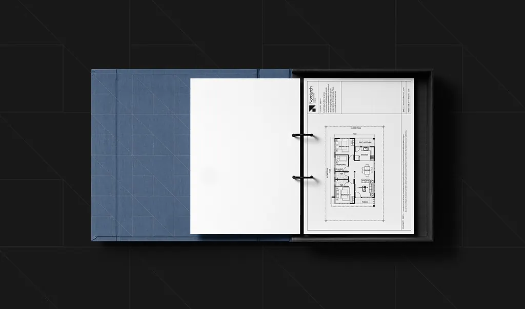 Nordarch Studio creative direction — architectural blueprint and logo design Nordic minimalism