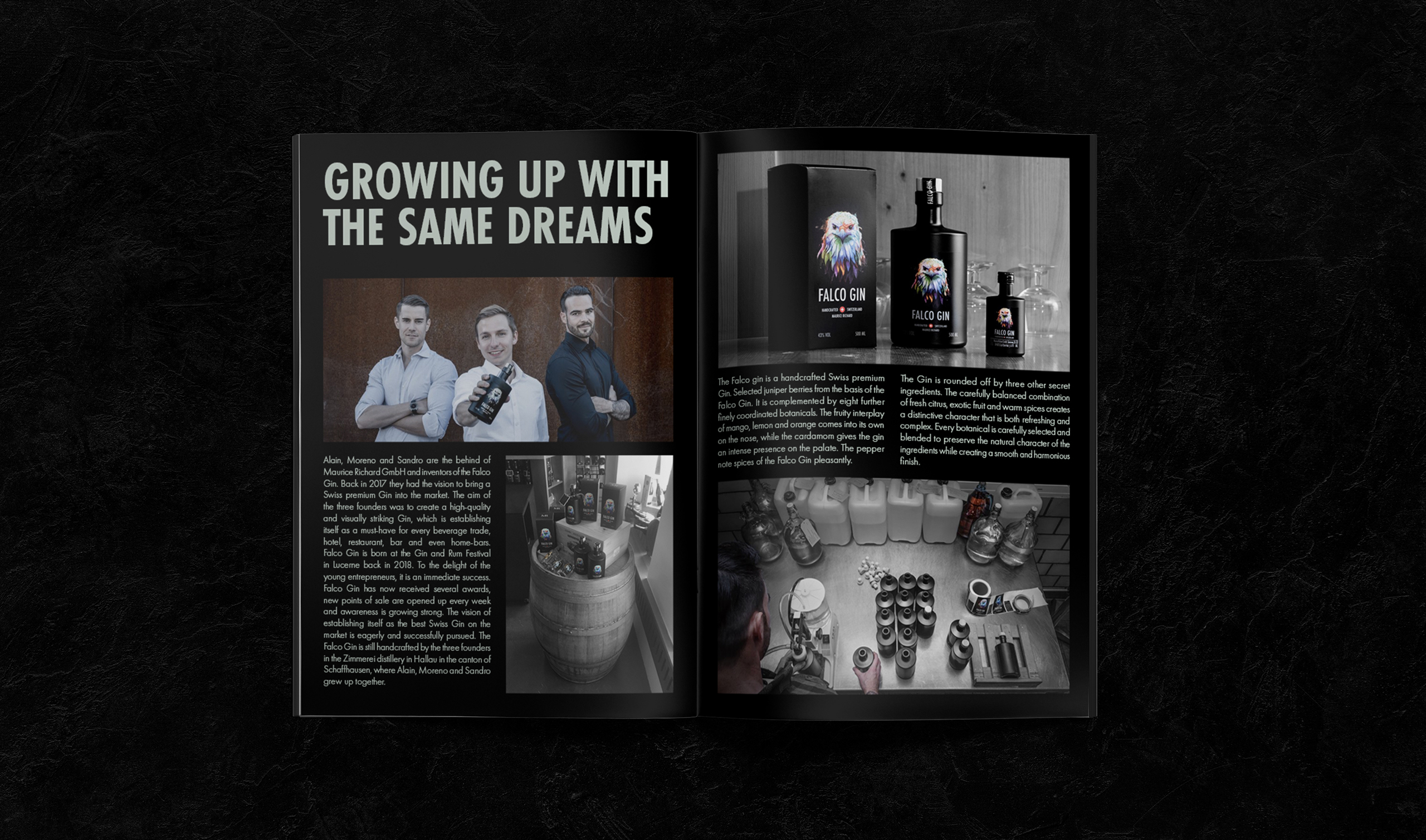 Falco Gin print design — luxury booklet spread editorial layout Swiss premium spirit