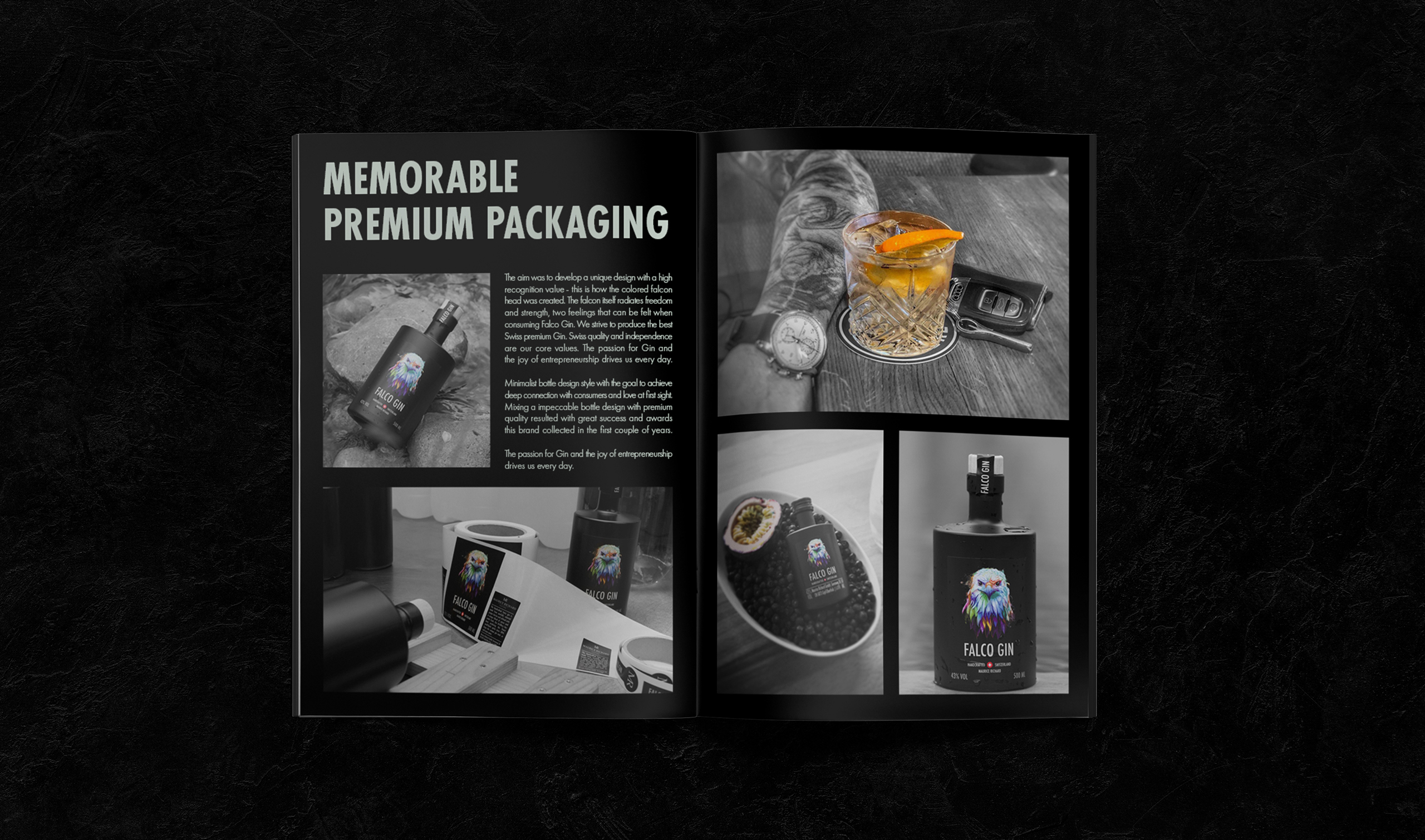 Falco Gin editorial design — multi-page print booklet art direction premium gin branding