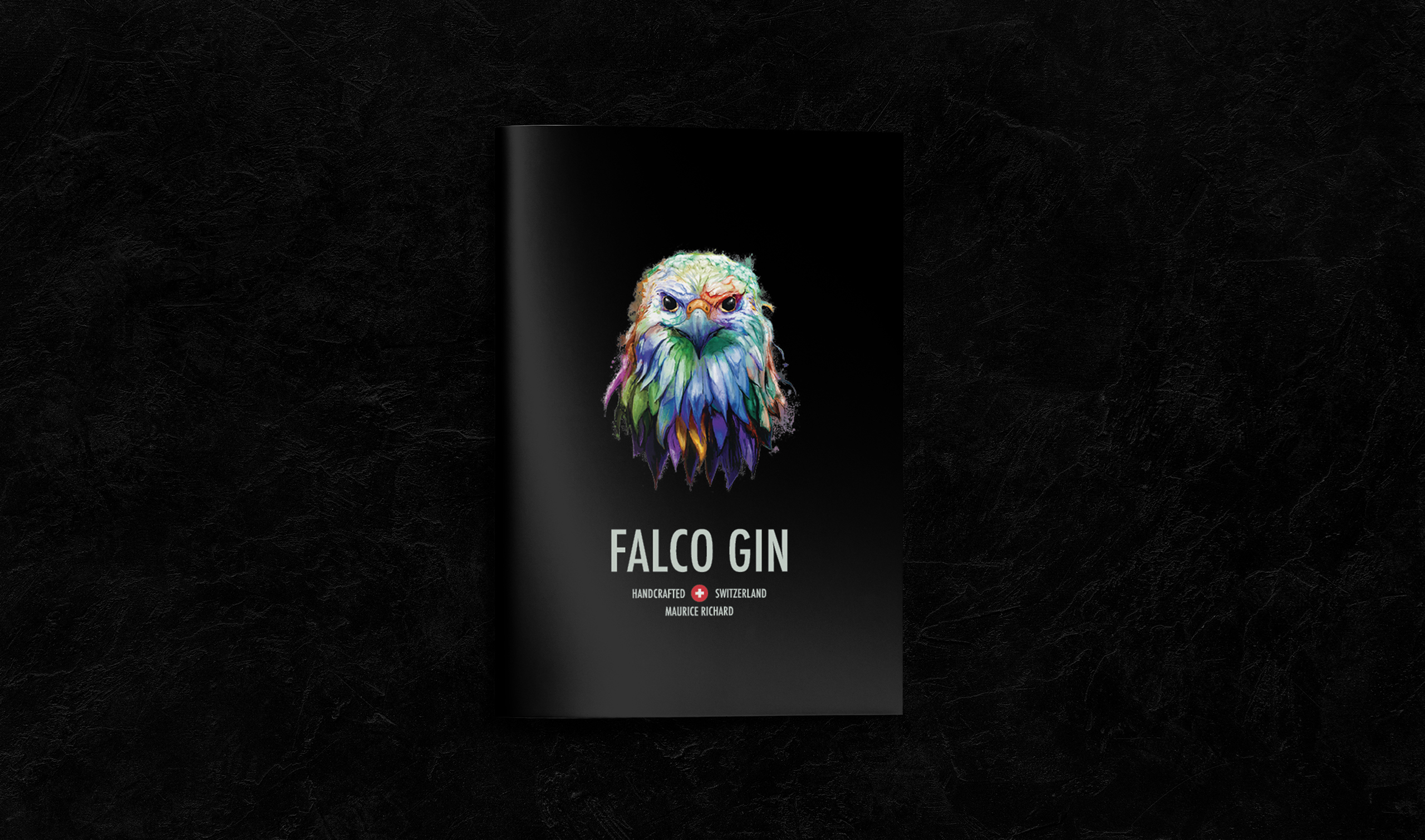 Falco Gin editorial design — premium print booklet character illustration art direction