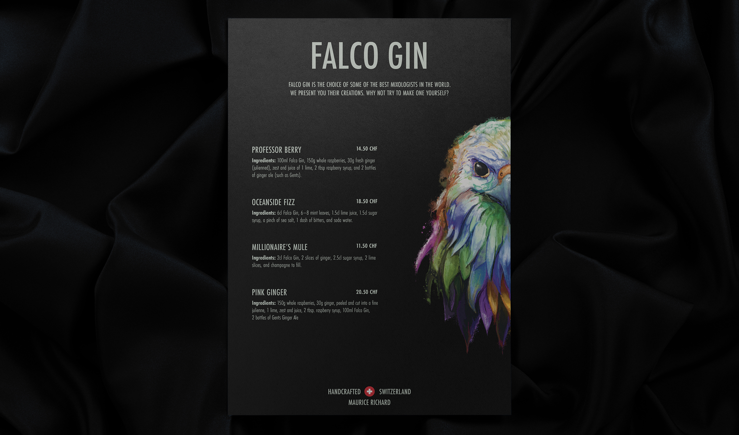 Falco Gin art direction — atmospheric brand photography Swiss handcrafted gin identity